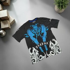 Enjean Vintage Y2K Graphic T-Shirt XL Black Blue Metallic Biker Grunge Cross